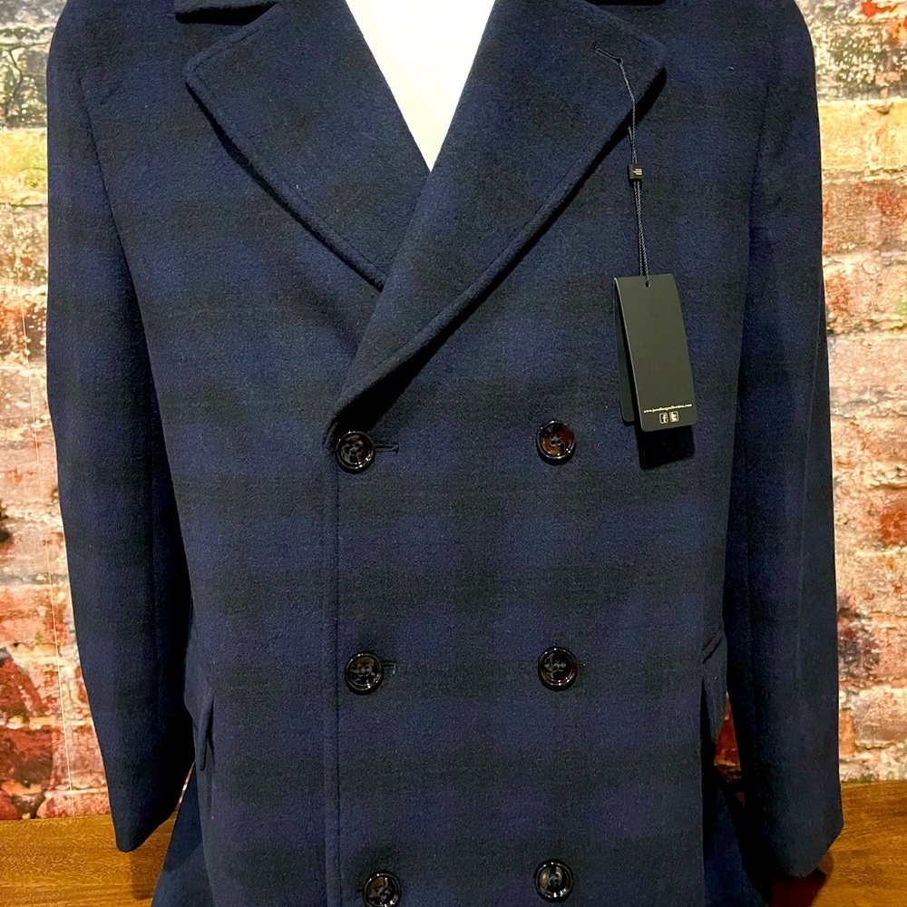 NEW Jared Lang blue and black checkered overcoat - Picture 8 of 13